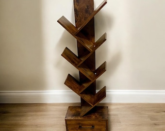 10 Tier Wooden Book shelf with Wooden Drawer | Tree Bookshelf | Modern Book Storage | Free Standing Tree Bookcase |Utility Organizer Shelves