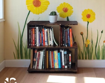2 Tier Wooden Book shelf | Geometric Bookshelf | Freestanding Bookshelf | S Shaped Open Bookcase | Small Bookshelf | Wooden Bookcase
