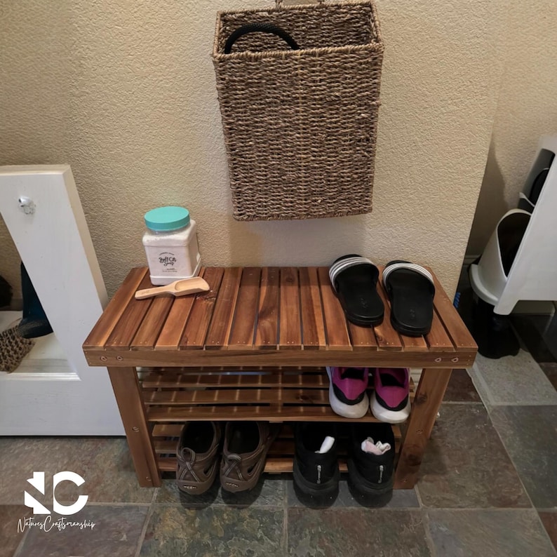 3 Tier Wooden Shoe Storage Bench | Acacia Shoe Rack Bench | Shoe Organizer for Entryway, Closet, Bathroom, Living Room Décor