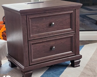 Solid Wood Farmhouse Nightstand With 2 Drawer Bedside Cabinet | Bedroom Storage