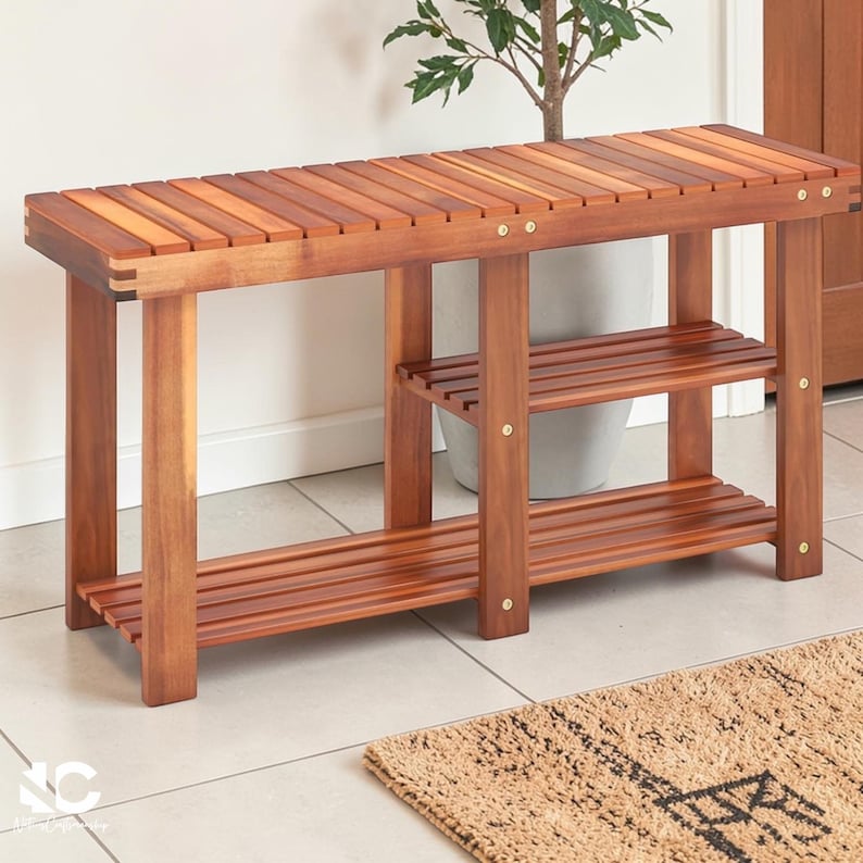 Acacia Wood 3-Tier Shoe Rack Bench: Entryway Organizer