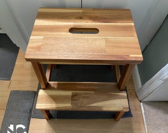 2 Step Wood Stool | Wooden Stepping Stool for Kids And Adults | Bathroom Bedroom Bench | Closet Climbing Chair | Rustic Home Decor