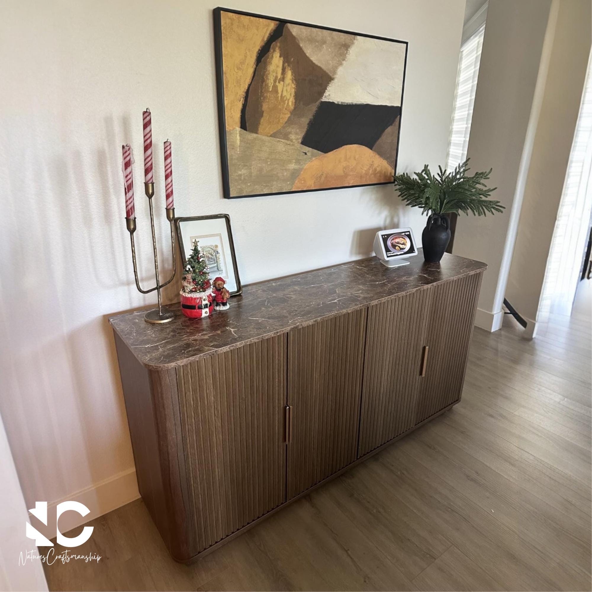 Fluted Sideboard Cabinet | Modern Buffet With Faux Marble Top & Curved ...