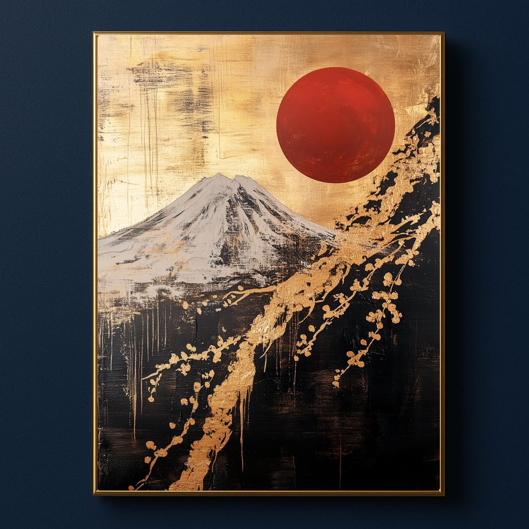 Mount Fuji Wall Art Japanese Cherry Blossom Canvas Red Sun Japandi ...