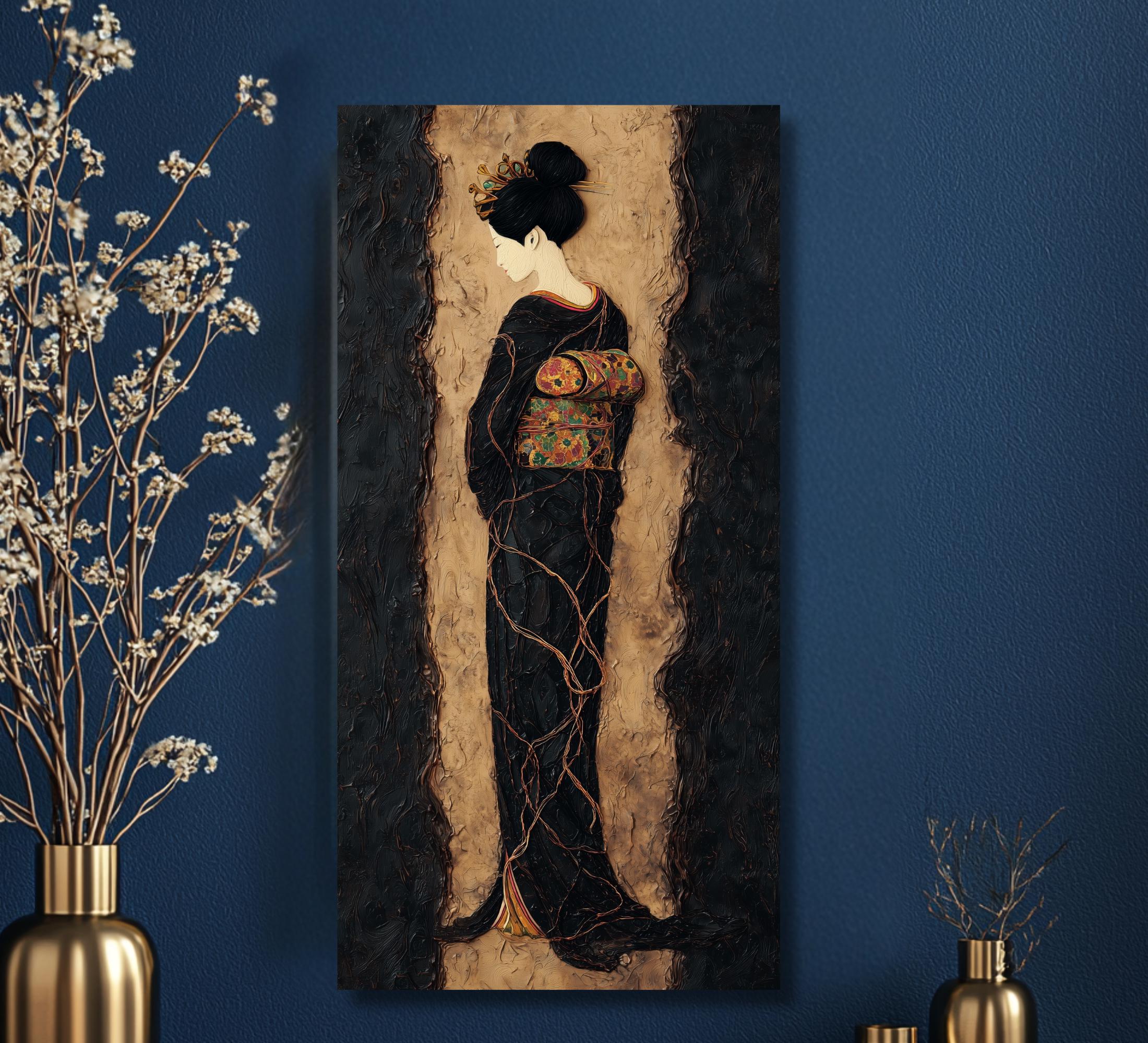 Geisha Black Gold Canvas Print Large Vertical Wall Art Japanese Asian ...