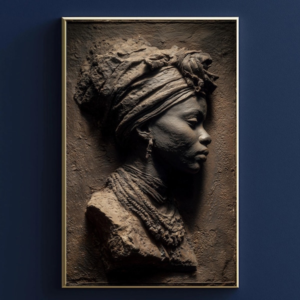 African Relief Canvas Print Sculptural Bronze Wall Art Textured Portrait Physical Artwork