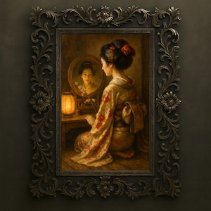 Japanese Woman in Kimono Looking into Mirror – Printable Wall Art, Vintage Style Portrait, Asian Art, Digital Download