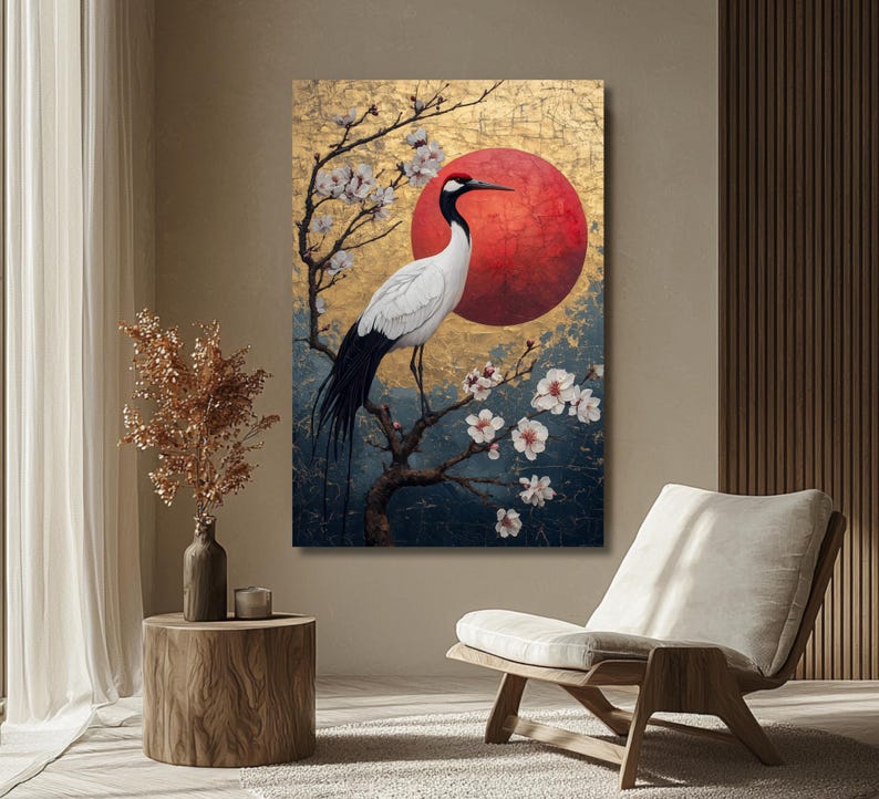 Crane and Cherry Blossoms Canvas Wall Art: Japanese Oriental Decor - Etsy