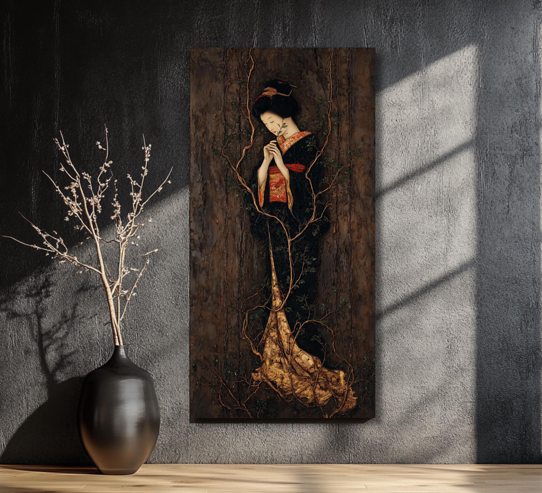 Japanese Geisha Black Gold Canvas Print Vertical Statement Wall Art ...