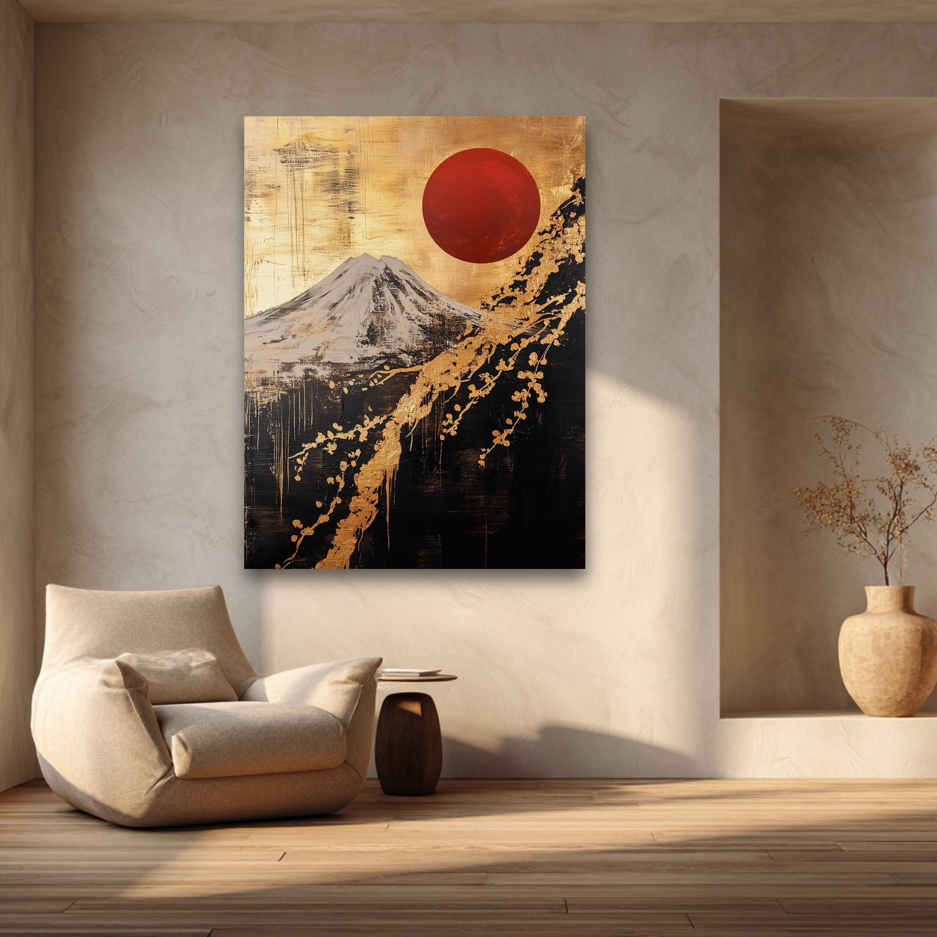 Mount Fuji Wall Art Japanese Cherry Blossom Canvas Red Sun Japandi ...