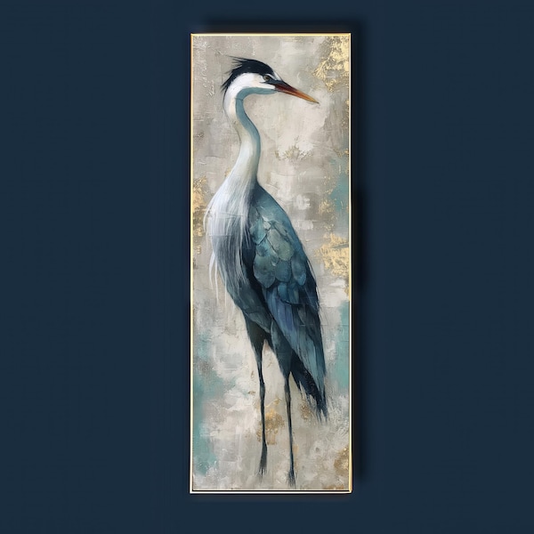 Tall Narrow Vertical Blue Heron Canvas Print Bird Wall Art Coastal Statement Decor