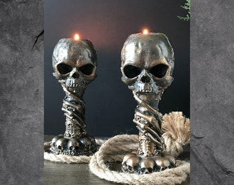 Haloween Decoration Skull Skeleton Gothic Candle Holder 100% Bronze Sculpture 