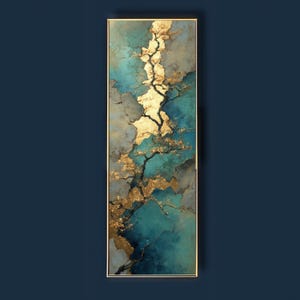May include: A vertical rectangular wall art piece featuring an abstract composition of deep teal, blue, and gray tones. A prominent, jagged central vein of metallic gold leaf runs through the center, resembling a cracked surface or tree branch.