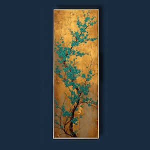 Vertical Sakura Wall Art Teal Gold Japanese Canvas Tall Narrow Japandi Decor