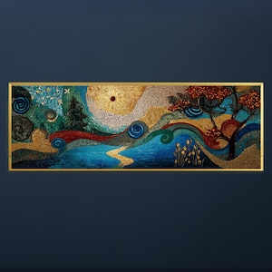 Blue Gold Canvas Print Panoramic Wall Art Japanese Landscape Above Sofa Decor