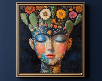 Woman Mexican Cactus Canvas | Wall Art Floral Portrait | Mexican gift