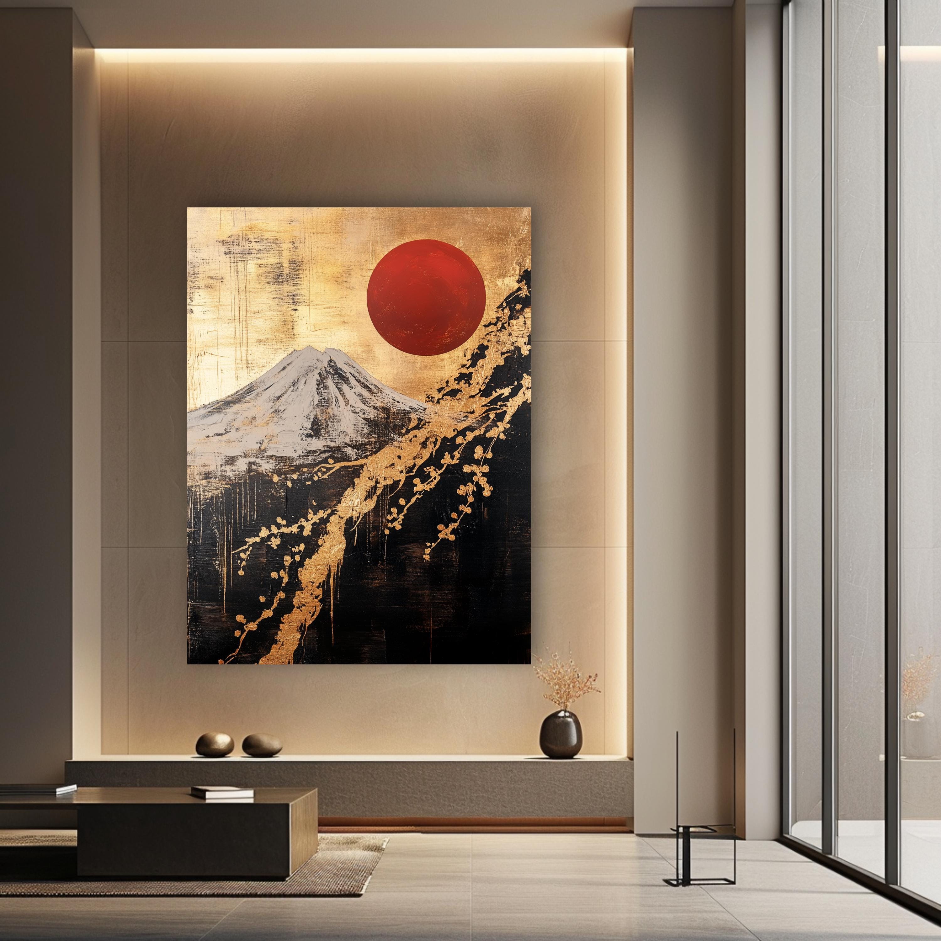 Mount Fuji Wall Art Japanese Cherry Blossom Canvas Red Sun Japandi ...
