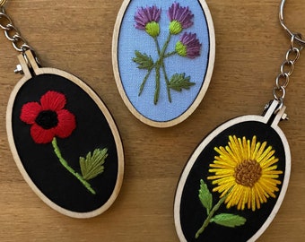 Floral Embroidery Keychains - Sunflower, Poppy & Thistle