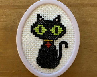Black Cat Cross Stitch Art - Mini Halloween Decoration