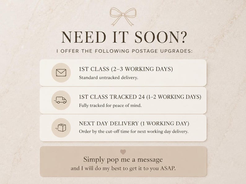 Peut inclure: Un graphique informatif beige avec une ic&ocirc;ne de n&oelig;ud marron en haut. Le texte indique : NEED IT SOON? I OFFER THE FOLLOWING POSTAGE UPGRADES: 1ST CLASS (2-3 WORKING DAYS), 1ST CLASS TRACKED 24 (1-2 WORKING DAYS), NEXT DAY DELIVERY (1 WORKING DAY).