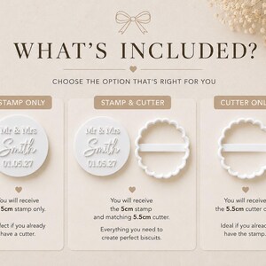 Peut inclure: Un graphique d'information produit intitul&eacute; WHAT'S INCLUDED? pr&eacute;sentant trois options : STAMP ONLY avec un tampon de 5cm, STAMP & CUTTER avec un tampon de 5cm et un emporte-pi&egrave;ce de 5,5cm, et CUTTER ONLY avec un emporte-pi&egrave;ce de 5,5cm.