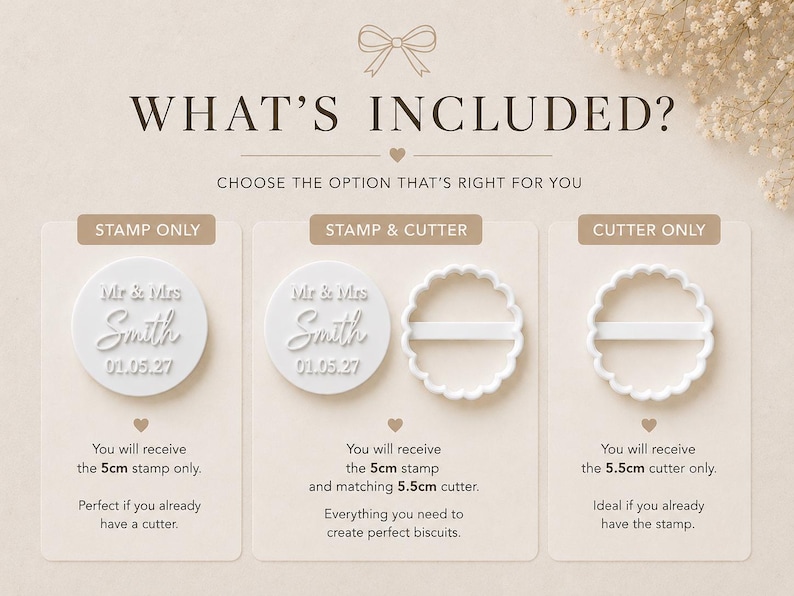 Peut inclure: Un graphique d'information produit intitul&eacute; WHAT'S INCLUDED? pr&eacute;sentant trois options : STAMP ONLY avec un tampon de 5cm, STAMP & CUTTER avec un tampon de 5cm et un emporte-pi&egrave;ce de 5,5cm, et CUTTER ONLY avec un emporte-pi&egrave;ce de 5,5cm.