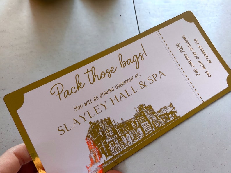 gold foil hotel reservation voucher for a weekend away