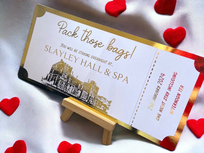 Hotel Voucher, Foiled Voucher, Valentines Voucher, Gift Golden Ticket, Personalised Ticket,Surprise Trip, Hotel reservation voucher image 1