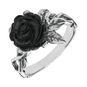 Sterling Silver Whitby Jet Tuberose Rose Leaf Twist Ring