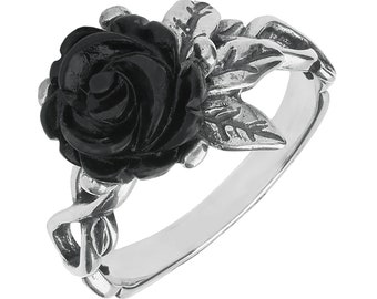 Sterling Silver Whitby Jet Tuberose Rose Leaf Twist Ring