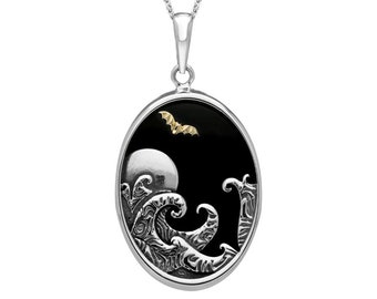 Sterling Silver Whitby Jet Moon Waves Bat Oval Necklace