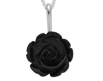Sterling Silver Whitby Jet Carved Rose Necklace