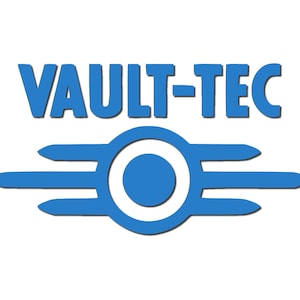 May include: A blue and white logo with the text "VAULT-TEC" in bold blue letters. The logo features a stylised atom symbol with three blue rays emanating from a white circle with a blue centre.