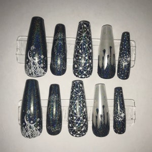 Holographische Raum Nägel - lang - Sarg - Mond - Sterne - Galaxy - Tropf - schillernd - Flakies - Schimmer - grau - weiß