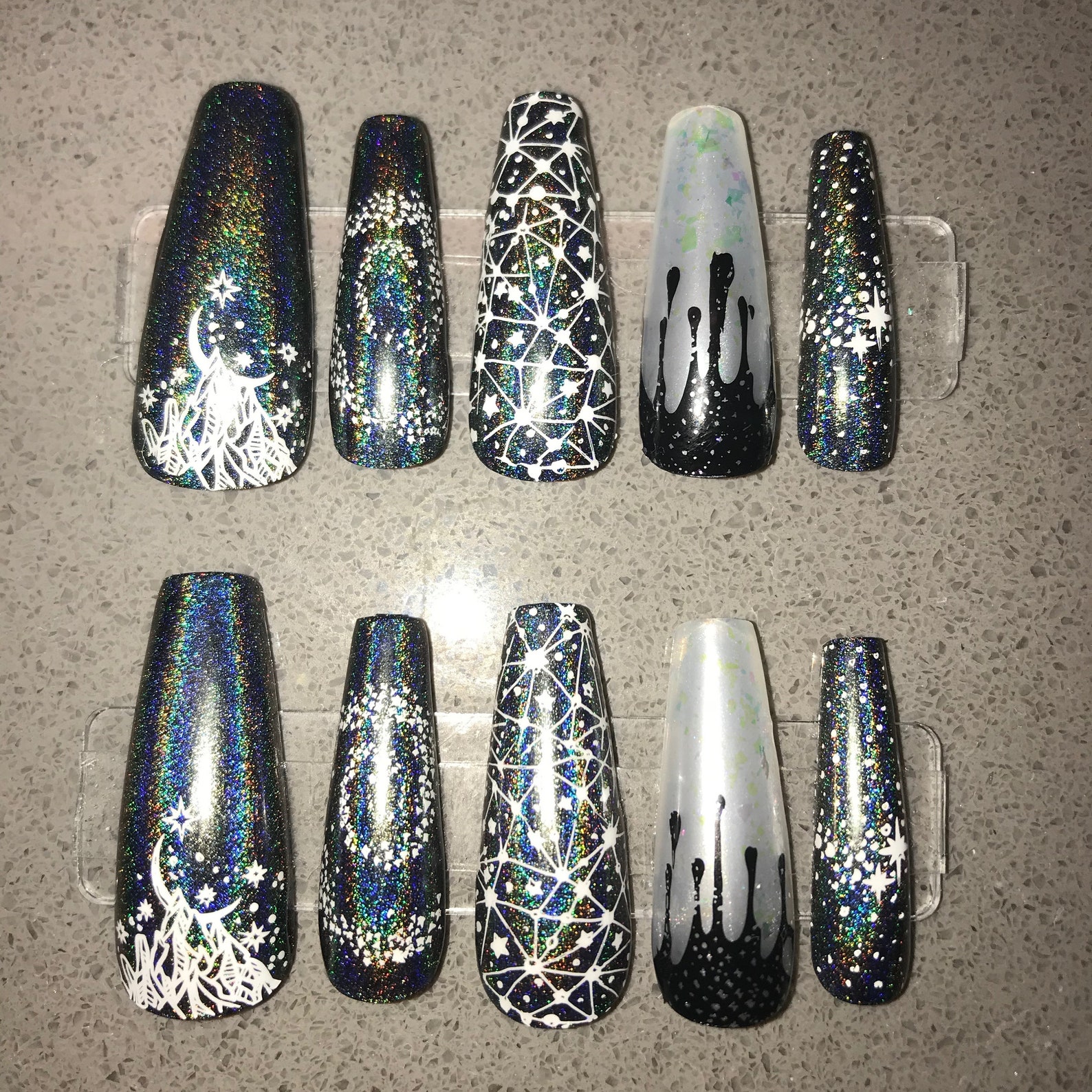 Holographic Space Nails Long Coffin Moon Stars Galaxy Drip