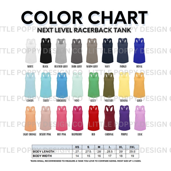 N1533 Color Chart, Next Level Racerback Tank Top Color Chart, Digital Downloads for Small Shops, Tank Top Digital Download