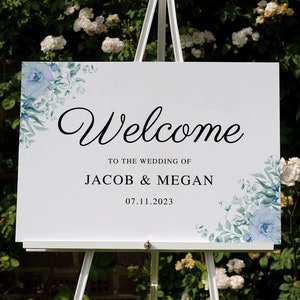 Wedding Welcome Sign, Wedding Decor, Personalised Wedding Sign, Dusty Blue flower Wedding Sign, Botanical Wedding Sign, Modern, A2, A1, A0