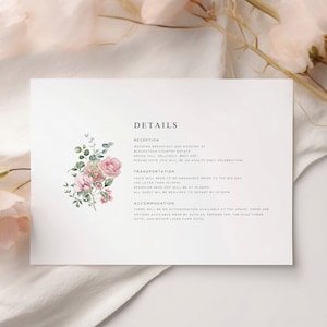Detailskaart, informatiekaart met roze bloemen, kaart met botanische details, kaart met details bruiloft, informatiekaart bruiloft, roze bloemen bruiloftsuitnodiging