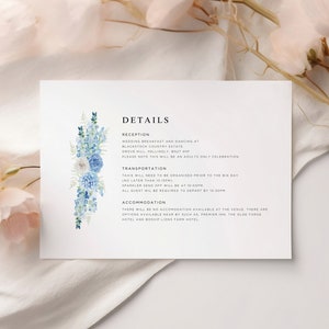 Detailskaart, informatiekaart met blauwe bloemen, babyblauwe detailskaart, kaart met details bruiloft, informatiekaart bruiloft, babyblauwe bruiloftsuitnodiging