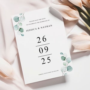 Tarjetas de invitación modernas para guardar la fecha, tarjetas de invitación de eucalipto, anuncios de boda, tarjetas de invitación sencillas y personalizadas, invitaciones en verde salvia, tarjetas de seda