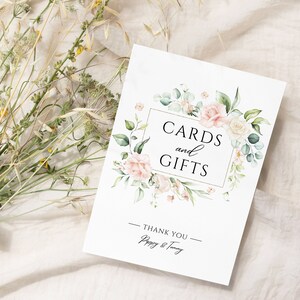 Kaarten en geschenken bruiloft bord, bord roze en wit kaarten en geschenken, trouwkaart tafel, tafel huwelijkscadeau bord, bord botanische kaarten en geschenken, 5 x 7
