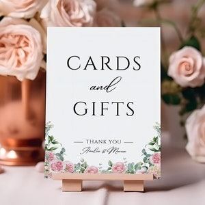 Kaarten en geschenken bruiloft bord, bord met roze bloemen kaarten en cadeaus, bord bruiloft kaart, tafel bord huwelijkscadeau, bord botanische kaarten en geschenken, 5 x 7
