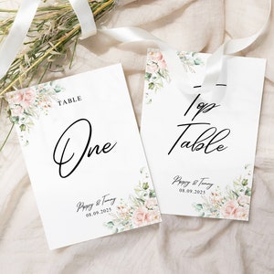 Roze en witte tafelnummerkaarten, bloemen tafelnummers, bruiloft tafelnummerkaarten, bruiloft stationair, bruiloft tafeldecor, 5 x 7 witte zijde