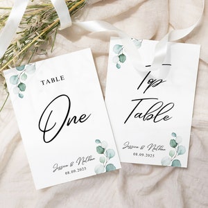 Tarjetas de números de mesa de eucalipto, números de mesa impresos, tarjetas de números de mesa de boda, papelería de boda, decoración de mesa de boda, seda blanca de 5 x 7