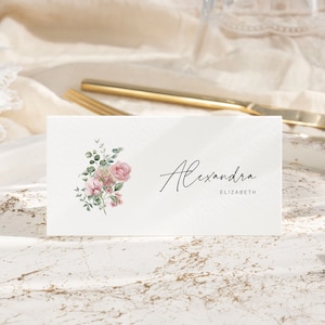 Tarjeta de lugar floral rosa, tarjeta de lugar personalizada, decoración de boda rosa, decoraciones de mesa de boda, tarjetas de lugar de boda florales, tarjetas de nombre, seda