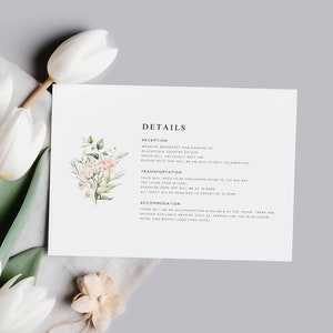 Detailskaart, informatiekaart met roze bloemen, kaart met botanische details, kaart met details bruiloft, informatiekaart bruiloft, roze bloemen bruiloftsuitnodiging