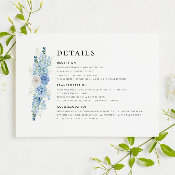 Details Card, Blue Floral Information Card, Baby Blue Details Card, Wedding Details Card, Wedding Information Card, Baby Blue Wedding Invite