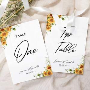 Cartões de número de mesa de girassol, números de mesa impressos, cartões de número de mesa de casamento, artigos de papelaria para casamento, decoração de mesa de casamento, seda branca 5 x 7