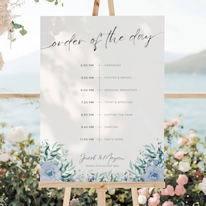 Ordre du jour du mariage, Ordre du jour personnalisé, Panneau de l&#39;ordre du jour, Ordre de service du mariage, Panneau de la chronologie du mariage, Bleu foncé