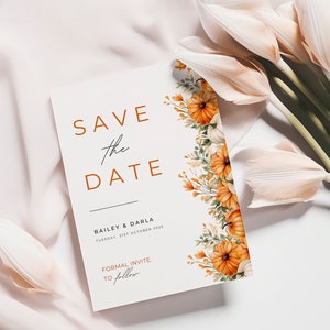秋のSave The Dates、かぼちゃのSave The Dates、結婚式のお知らせ、パーソナライズされた秋のSave The Dates、秋の招待状、シルクカード